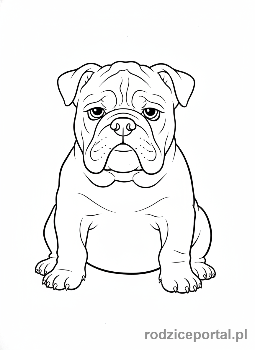 Kolorowanka Pieski - Słodki szczeniak Buldoga Angielskiego z fałdkami.