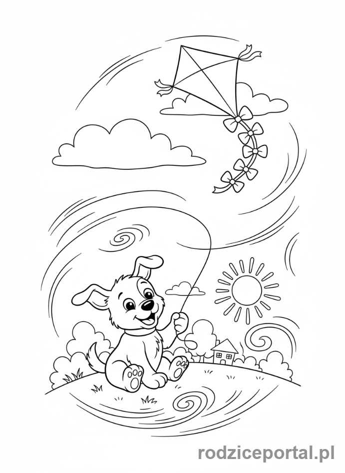 Kolorowanka Pieski - Szczęśliwy piesek z latawcem na wietrznym dniu.