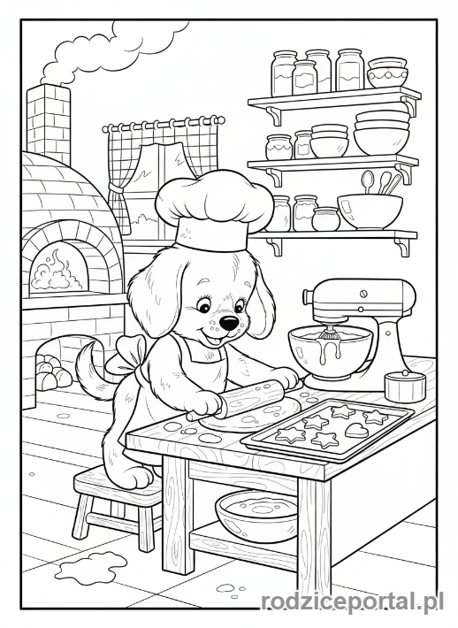 Kolorowanka Pieski - Uroczy piesek piekący ciasteczka w kuchni.