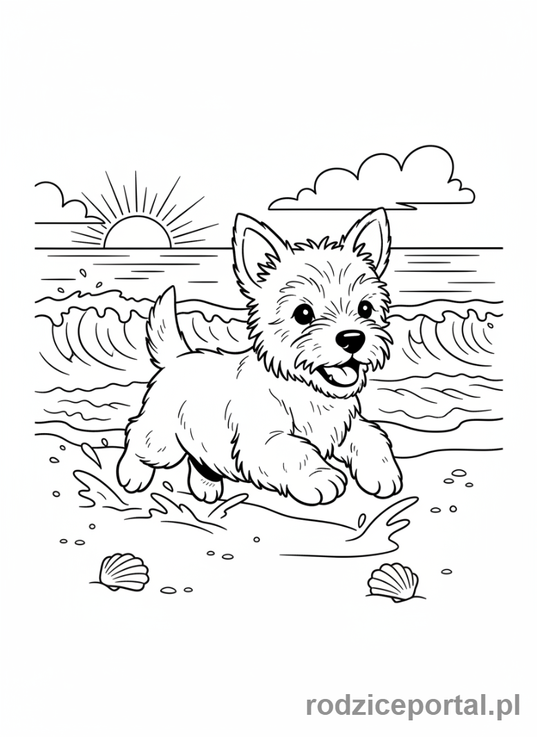 Kolorowanka Pieski - Wesoły West Highland White Terrier biegający po plaży.