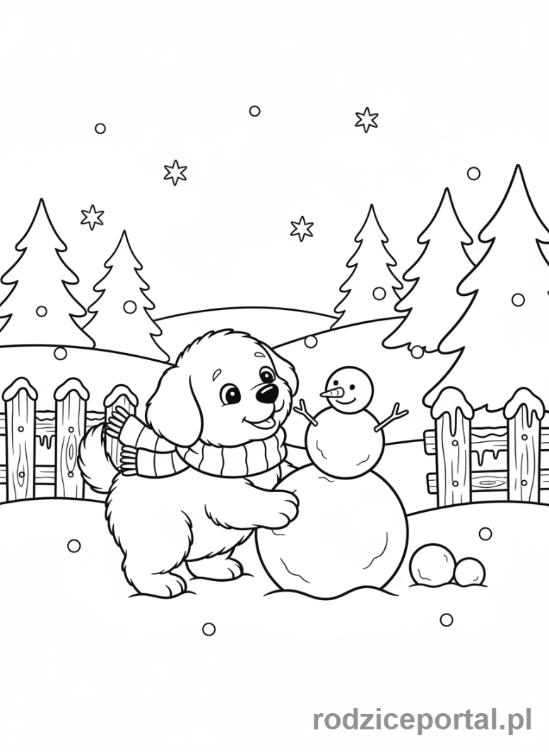 Kolorowanka Pieski - Zabawny piesek budujący małego bałwana.