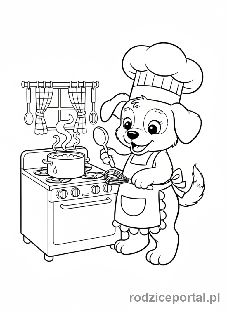 Kolorowanka Pieski - Zabawny piesek w czapce szefa kuchni, gotujący.