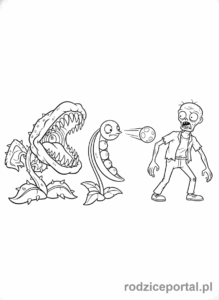 Kolorowanka Plants Vs Zombies - Chomper i Snow Pea broniące się przed zombie.