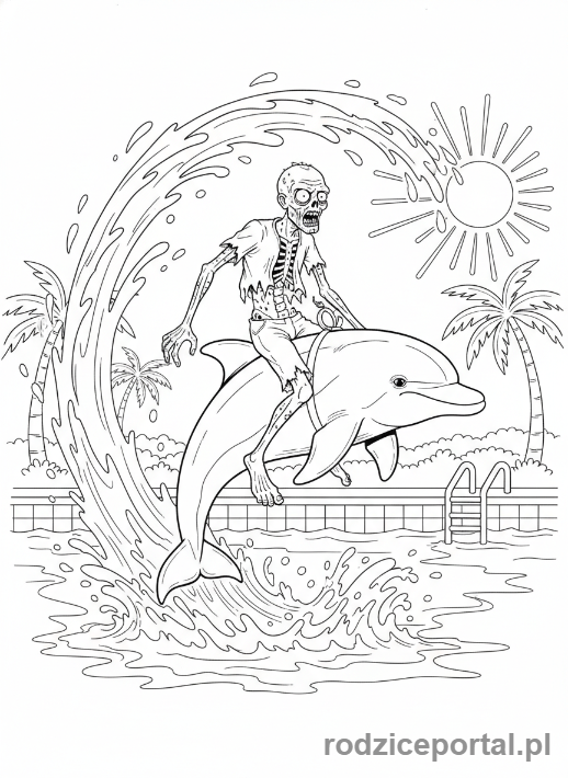 Kolorowanka Plants Vs Zombies - Dolphin Rider Zombie na delfinie.