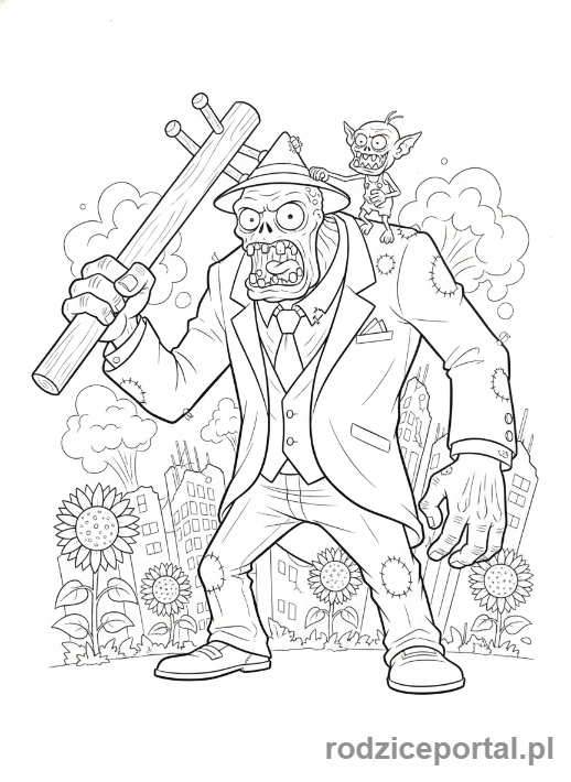 Kolorowanka Plants Vs Zombies - Gargantuar z małym zombie na plecach.