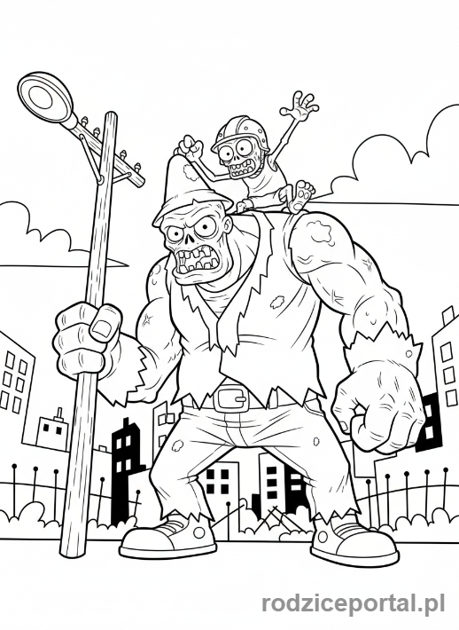 Kolorowanka Plants Vs Zombies - Gargantuar zombie z impem na plecach