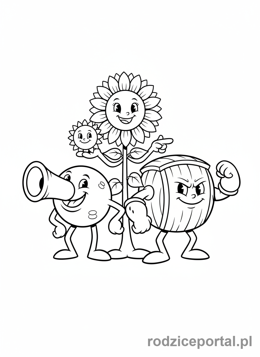 Kolorowanka Plants Vs Zombies - Grupa roślin: Peashooter, Słonecznik, Orzech-mur