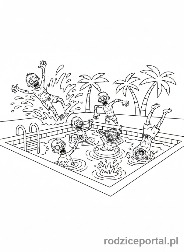 Kolorowanka Plants Vs Zombies - Grupa zombie w basenie.