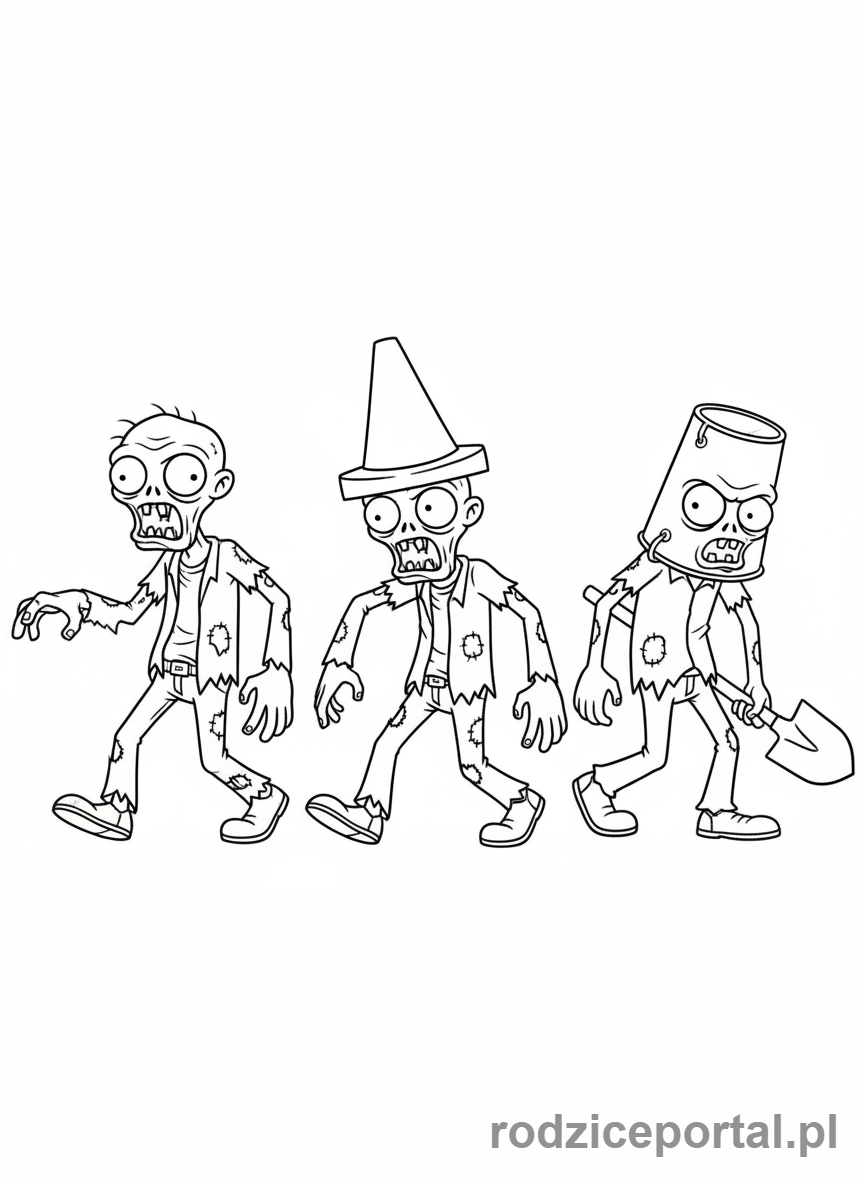 Kolorowanka Plants Vs Zombies - Grupa zombie: Zwykły, z Kaskiem, z Wiadrem