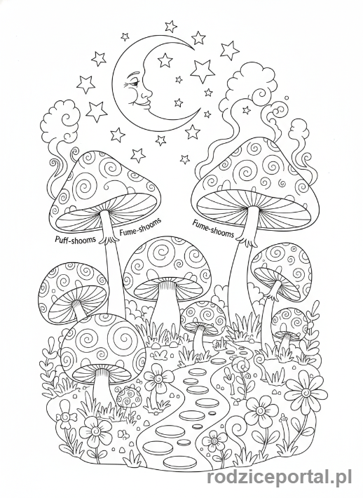 Kolorowanka Plants Vs Zombies - Ogród nocą ze świecącymi grzybami.