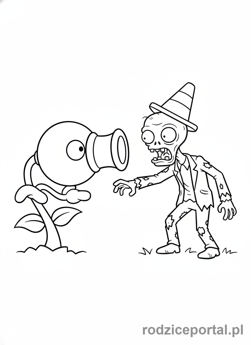 Kolorowanka Plants Vs Zombies - Peashooter i Zombie w konfrontacji