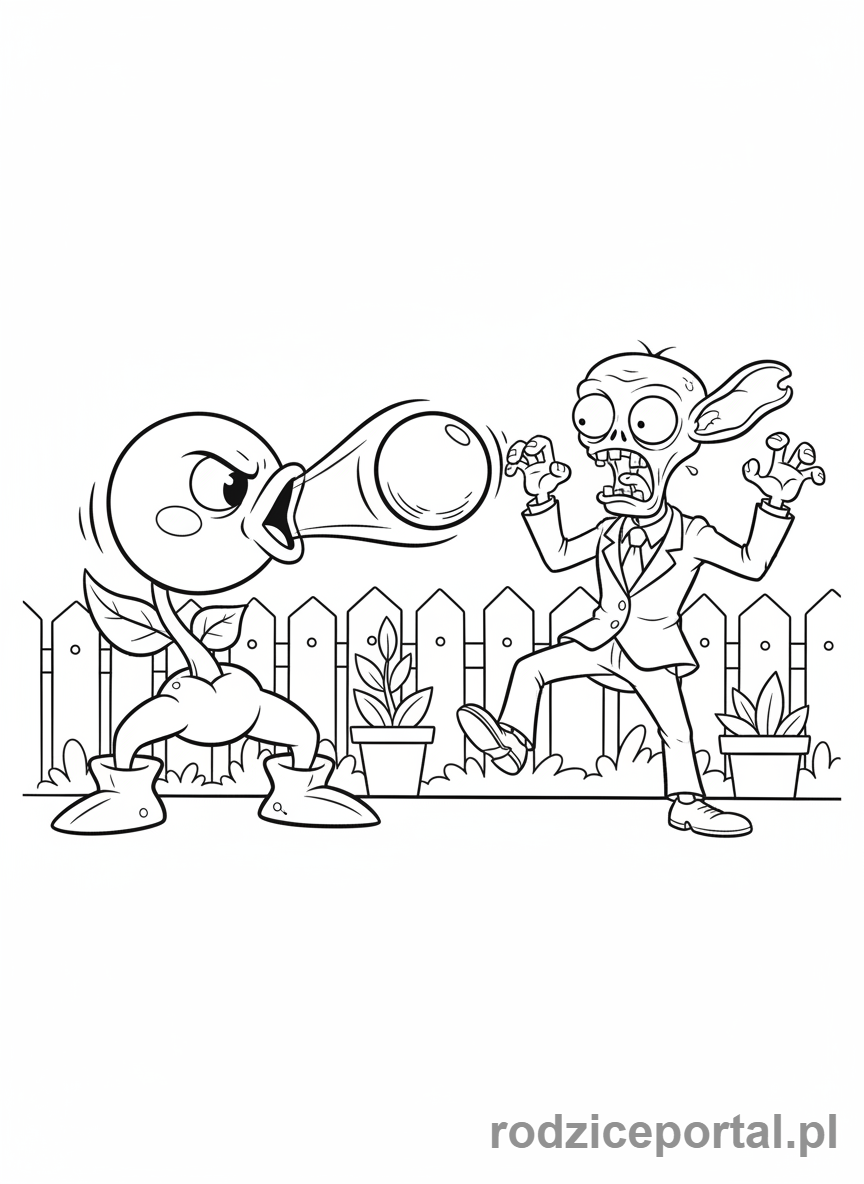 Kolorowanka Plants Vs Zombies - Peashooter strzelający groszkiem w zombie