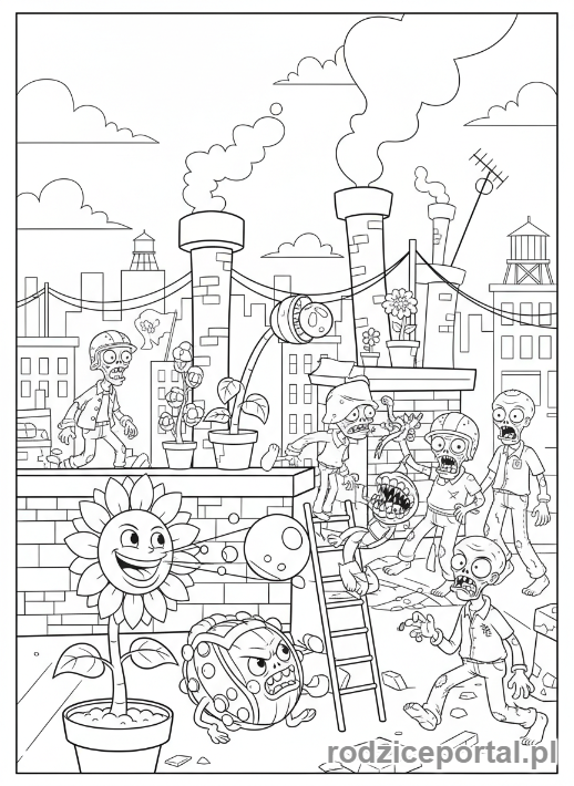 Kolorowanka Plants Vs Zombies - Rośliny kontra zombie na dachu.