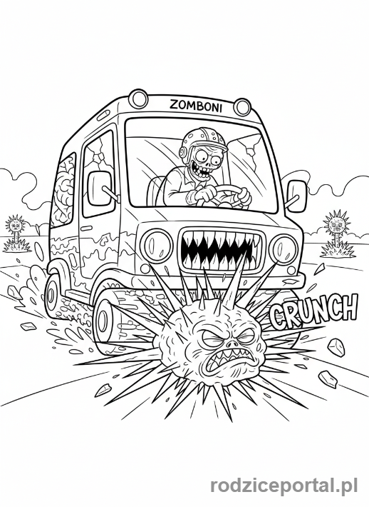 Kolorowanka Plants Vs Zombies - Zombi na rolkach (Zomboni) najeżdżający na Spikeweed.