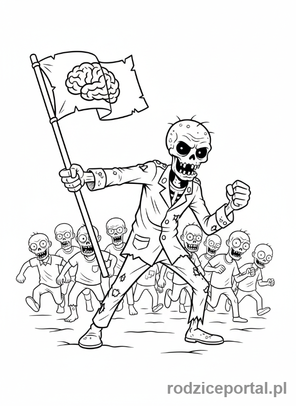Kolorowanka Plants Vs Zombies - Zombie z flagą prowadzący atak.