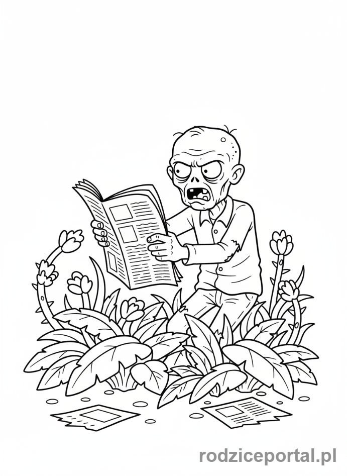 Kolorowanka Plants Vs Zombies - Zombie z gazetą próbujący ominąć rośliny.