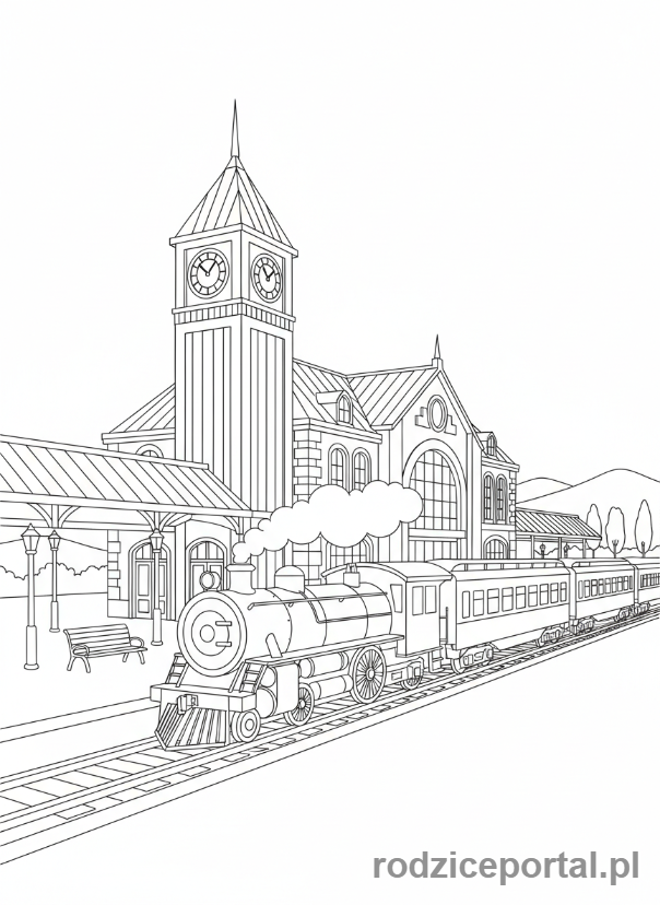 Kolorowanka Pociągi - Dworzec kolejowy z zegarem i pociągiem.