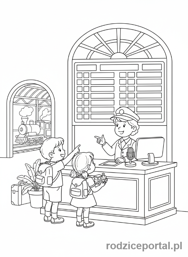 Kolorowanka Pociągi - Dzieci na dworcu kupujące bilety.