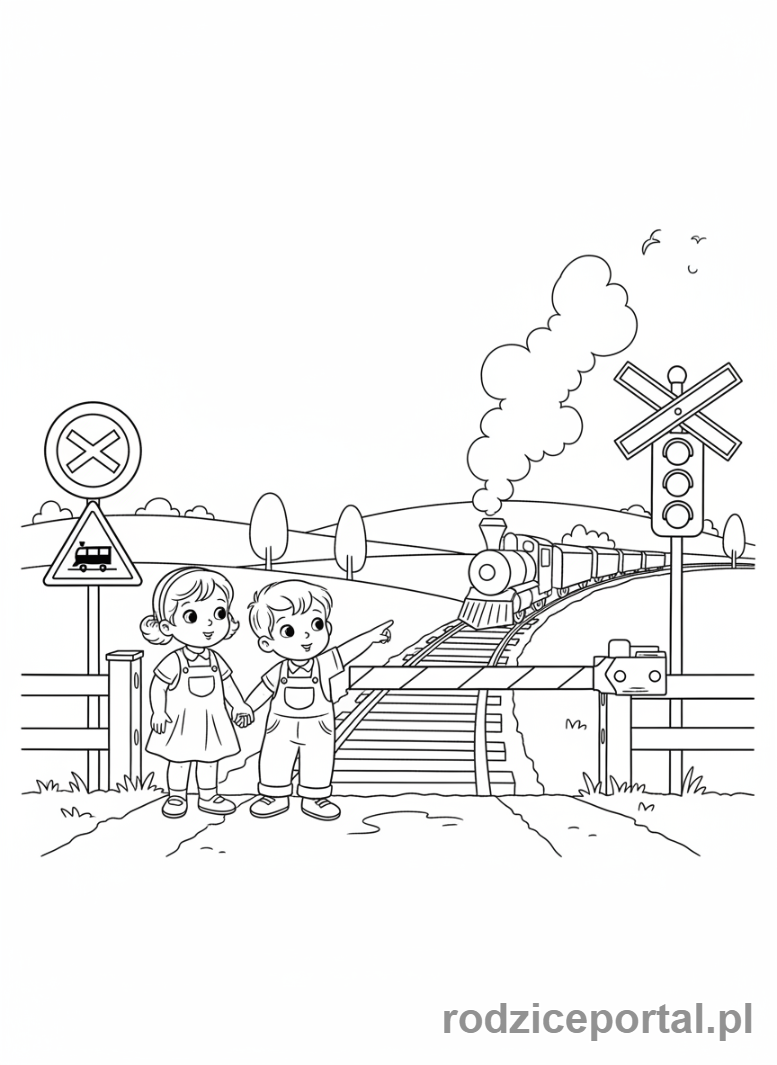 Kolorowanka Pociągi - Dzieci na przejeździe kolejowym.