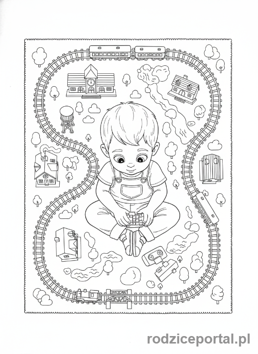 Kolorowanka Pociągi - Dziecko bawiące się modelem pociągu.