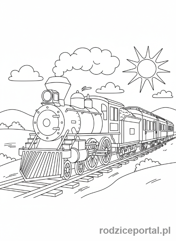 Kolorowanka Pociągi - Klasyczny pociąg parowy jadący po torach.