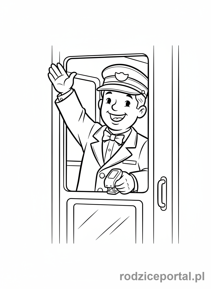 Kolorowanka Pociągi - Konduktor w pociągu, machający.