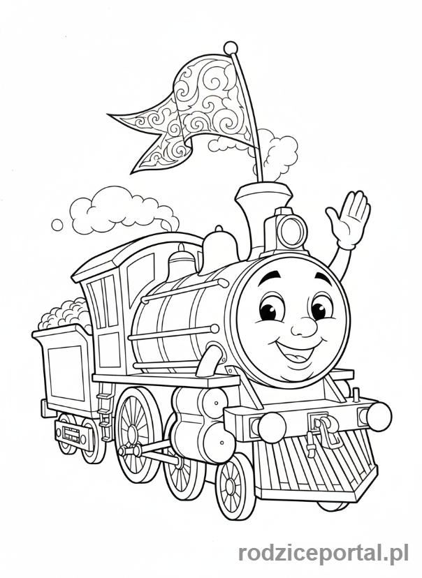 Kolorowanka Pociągi - Lokomotywa z uśmiechniętą buzią.