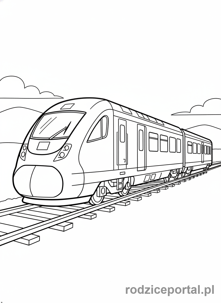 Kolorowanka Pociągi - Nowoczesny pociąg pasażerski na torach.