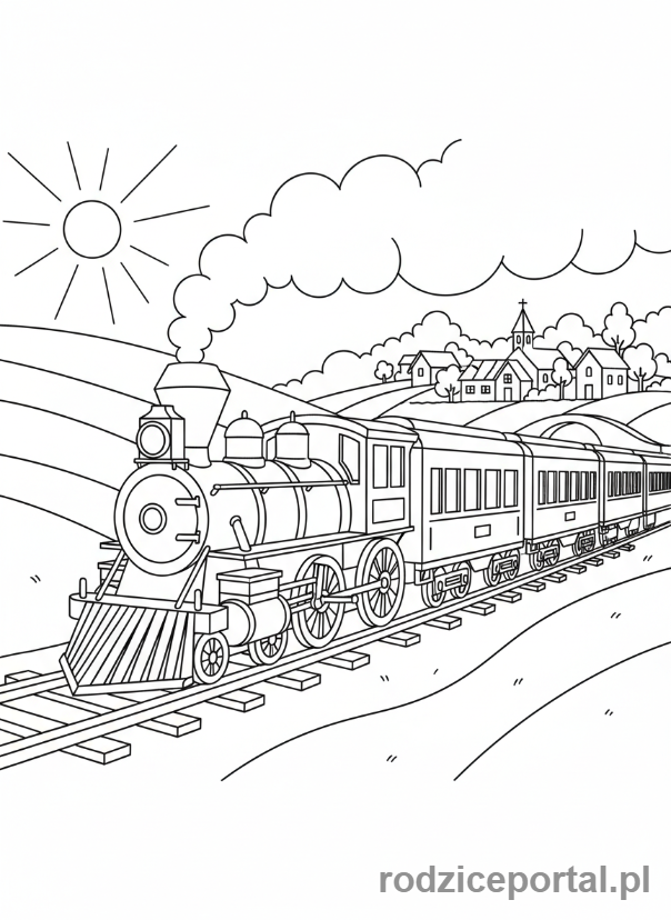Kolorowanka Pociągi - Parowóz jadący przez wieś.