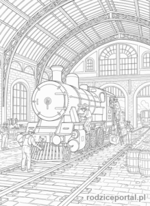 Kolorowanka Pociągi - Parowóz w remizie kolejowej.