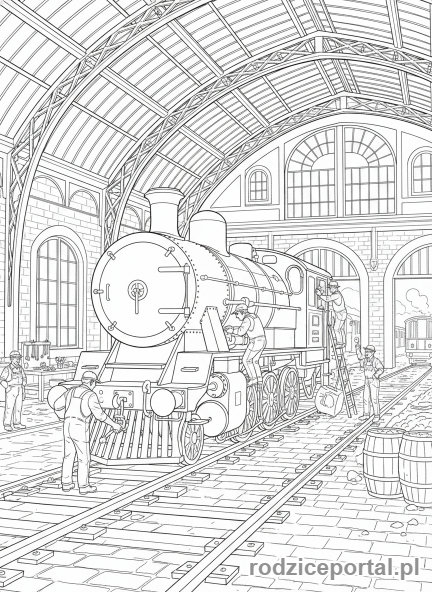 Kolorowanka Pociągi - Parowóz w remizie kolejowej.