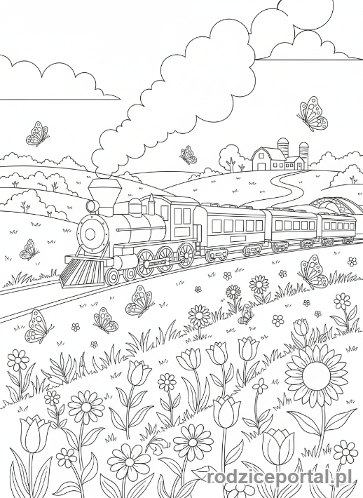 Kolorowanka Pociągi - Pociąg jadący przez kwiecistą łąkę.
