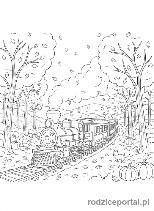 Kolorowanka Pociągi - Pociąg jadący przez las jesienią.