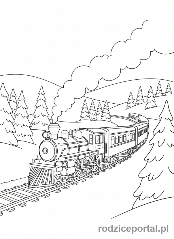 Kolorowanka Pociągi - Pociąg jadący przez zaśnieżony krajobraz.