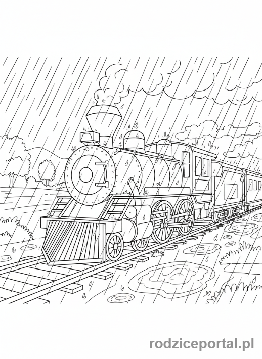 Kolorowanka Pociągi - Pociąg jadący w deszczu.