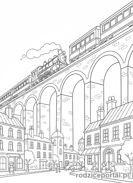 Kolorowanka Pociągi - Pociąg na estakadzie nad miastem.