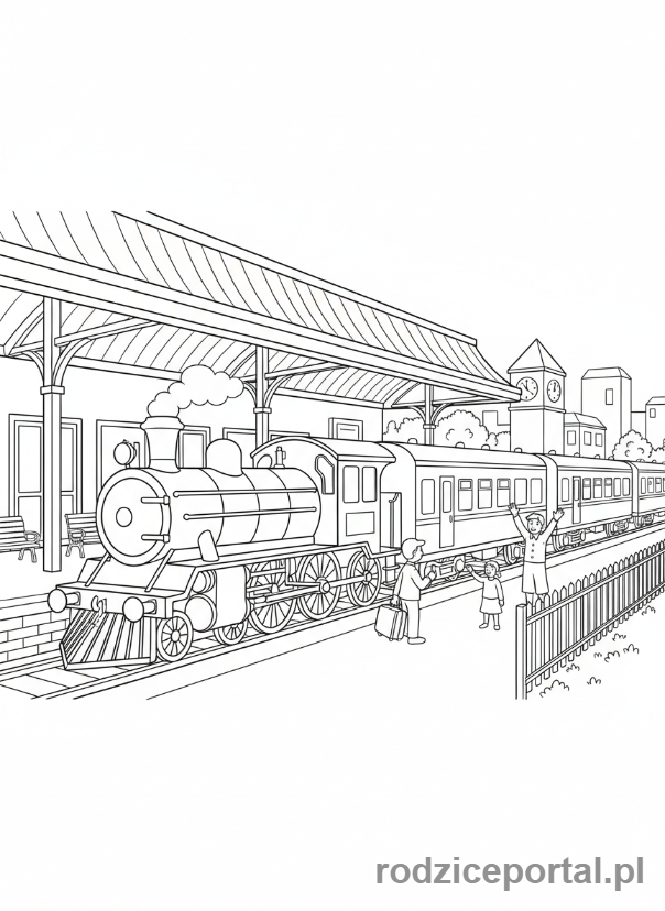 Kolorowanka Pociągi - Pociąg na stacji z ludźmi czekającymi.