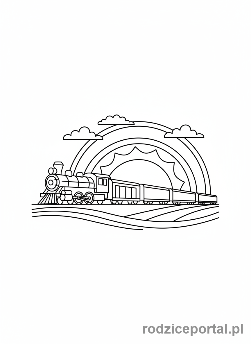 Kolorowanka Pociągi - Pociąg na tle zachodzącego słońca.