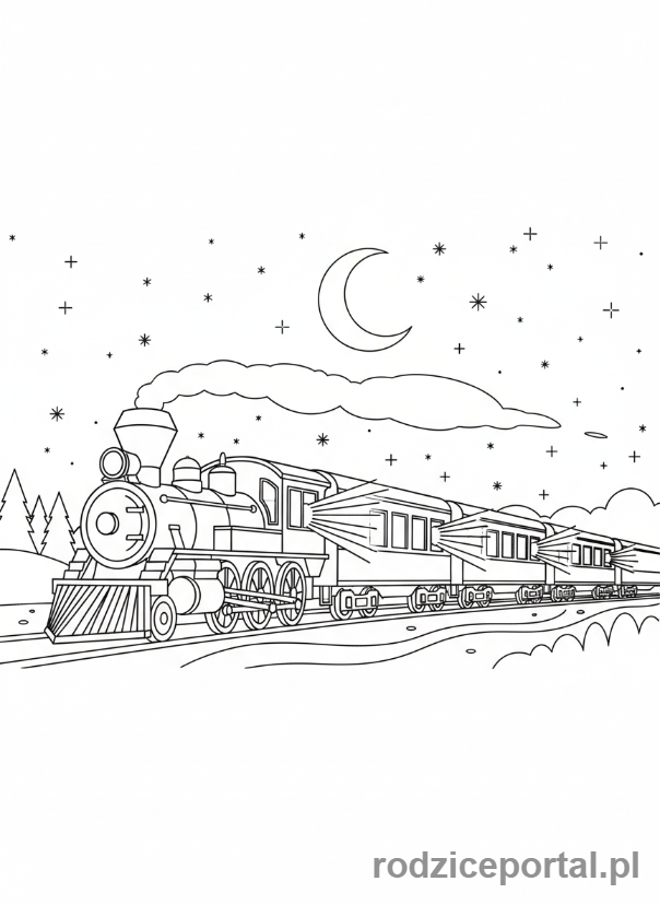 Kolorowanka Pociągi - Pociąg nocny z oświetlonymi oknami.