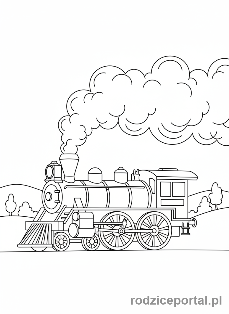 Kolorowanka Pociągi - Pociąg parowy z dużą chmurą dymu.
