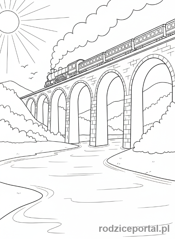 Kolorowanka Pociągi - Pociąg przejeżdżający przez wysoki most nad rzeką.
