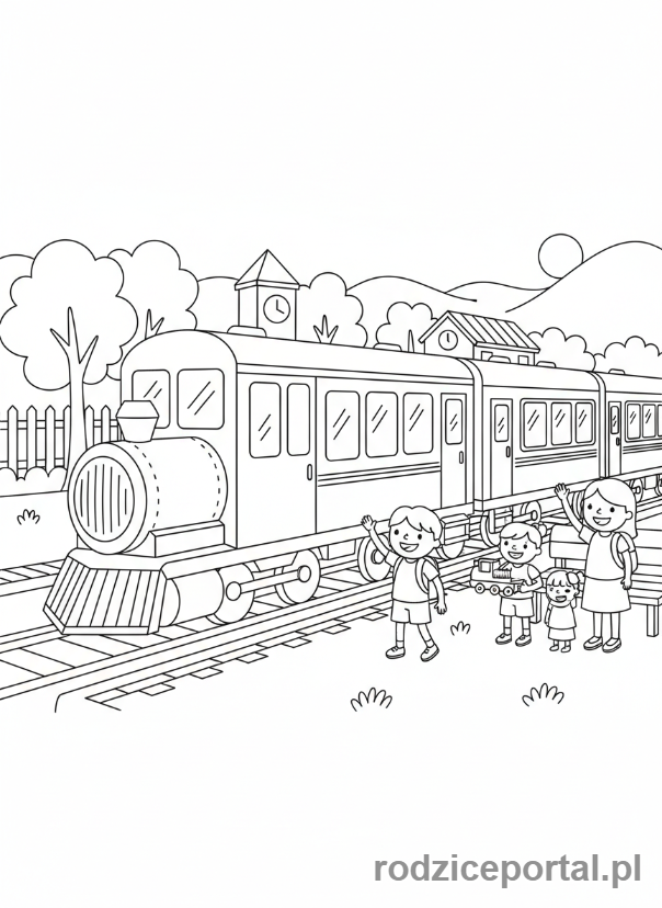 Kolorowanka Pociągi - Pociąg stojący na stacji z ludźmi na peronie.