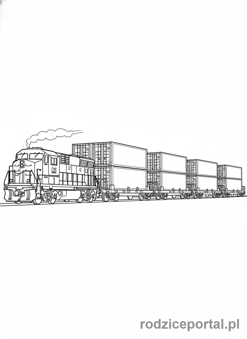 Kolorowanka Pociągi - Pociąg towarowy przewożący kontenery.