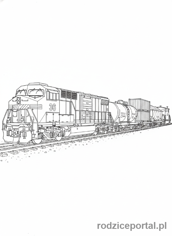Kolorowanka Pociągi - Pociąg towarowy z wagonami przewożącymi różne towary.