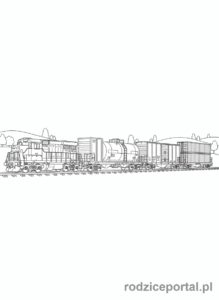 Kolorowanka Pociągi - Pociąg towarowy z wieloma wagonami.