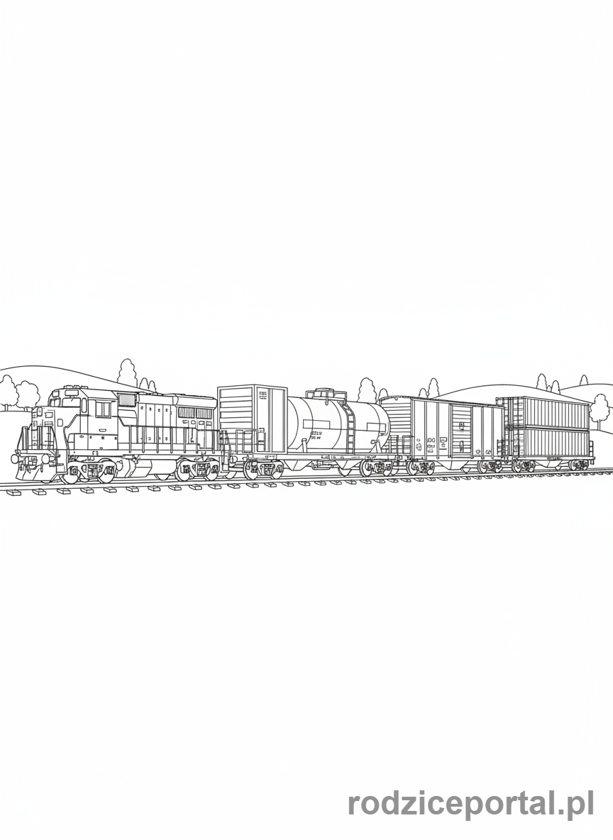 Kolorowanka Pociągi - Pociąg towarowy z wieloma wagonami.