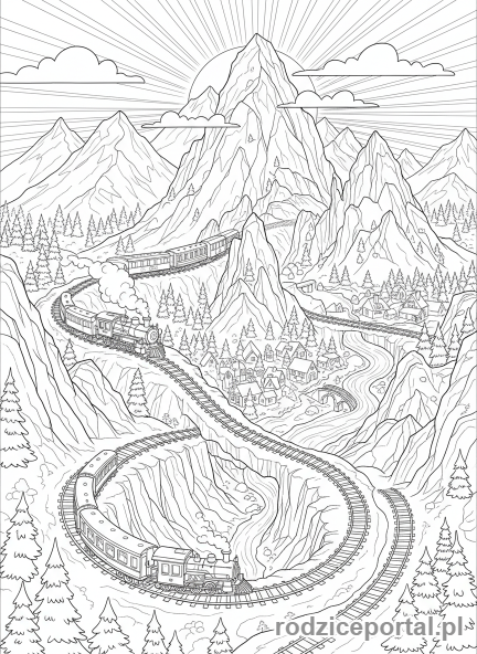 Kolorowanka Pociągi - Pociąg w górach, widok z lotu ptaka.