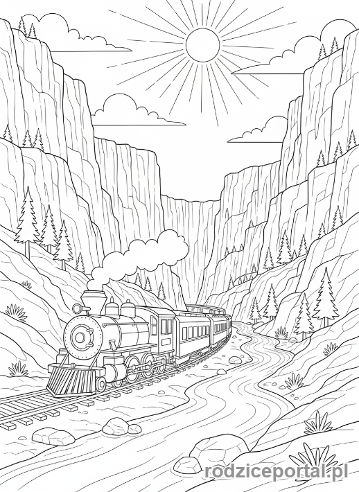 Kolorowanka Pociągi - Pociąg w kanionie, rzeka obok.