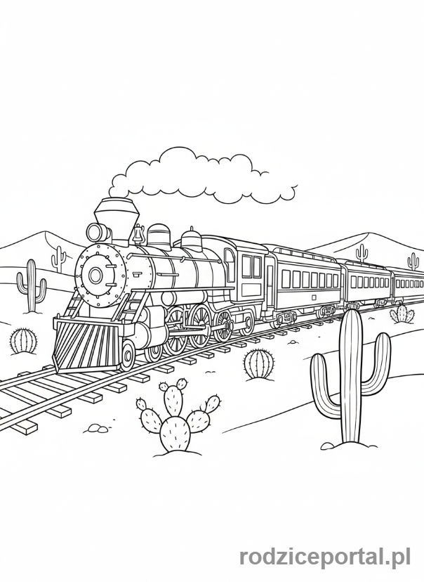 Kolorowanka Pociągi - Pociąg w pustyni, kaktusy wokół.