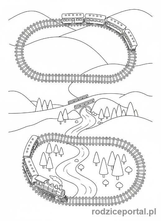 Kolorowanka Pociągi - Pociąg widziany z góry na krętych torach.